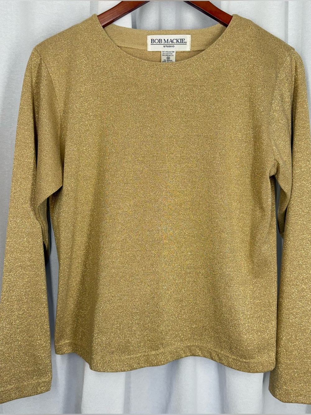 Vintage Bob Mackie Studio Women's Medium Gold Glitter Metallic Knit Long Sleeve